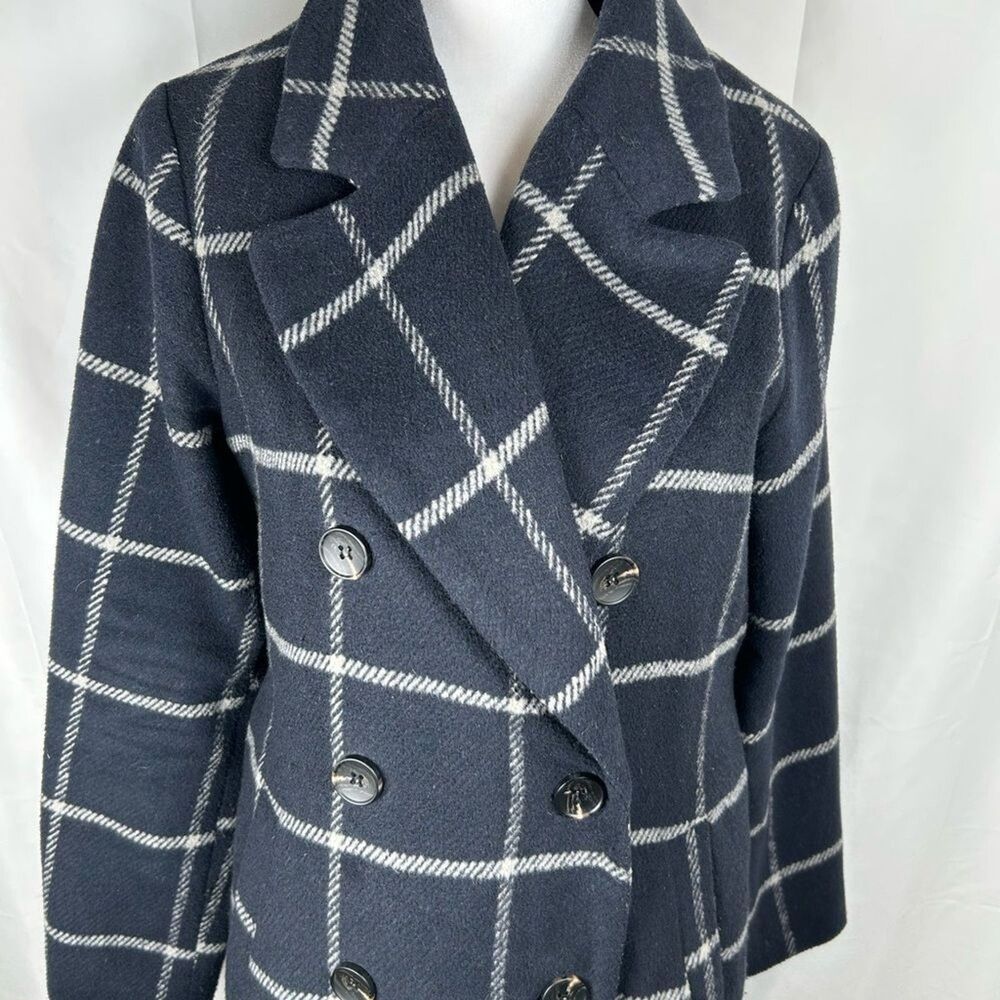 Elodie Trench Coat Womens Small Navy White Plaid Double Breasted Coat Jacket - Picture 2 of 9